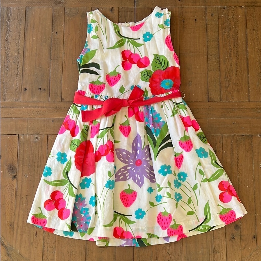 Mini Boden strawberry poppy flower linen blend fit and flare dress 7-8 years